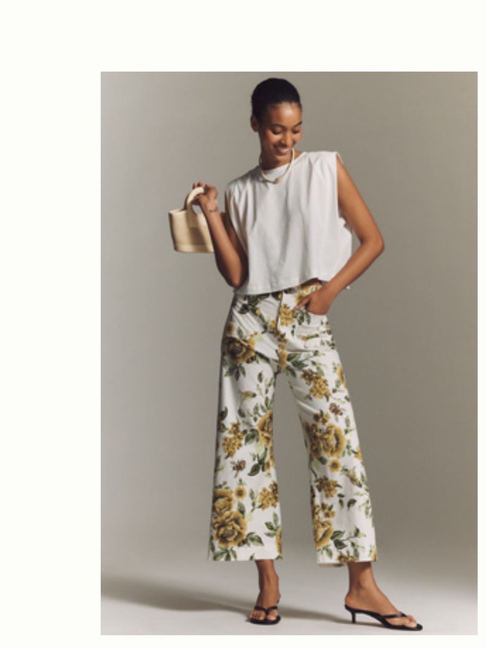 Maeve White Wide-Leg Floral Crop Pants with Yellow & Green Print